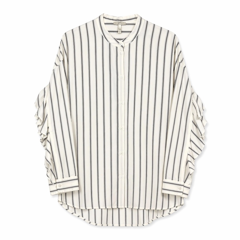 Joie Striped Ruffle Sleeve Blouse‎ Large Black White Button Front Elevated Basic
